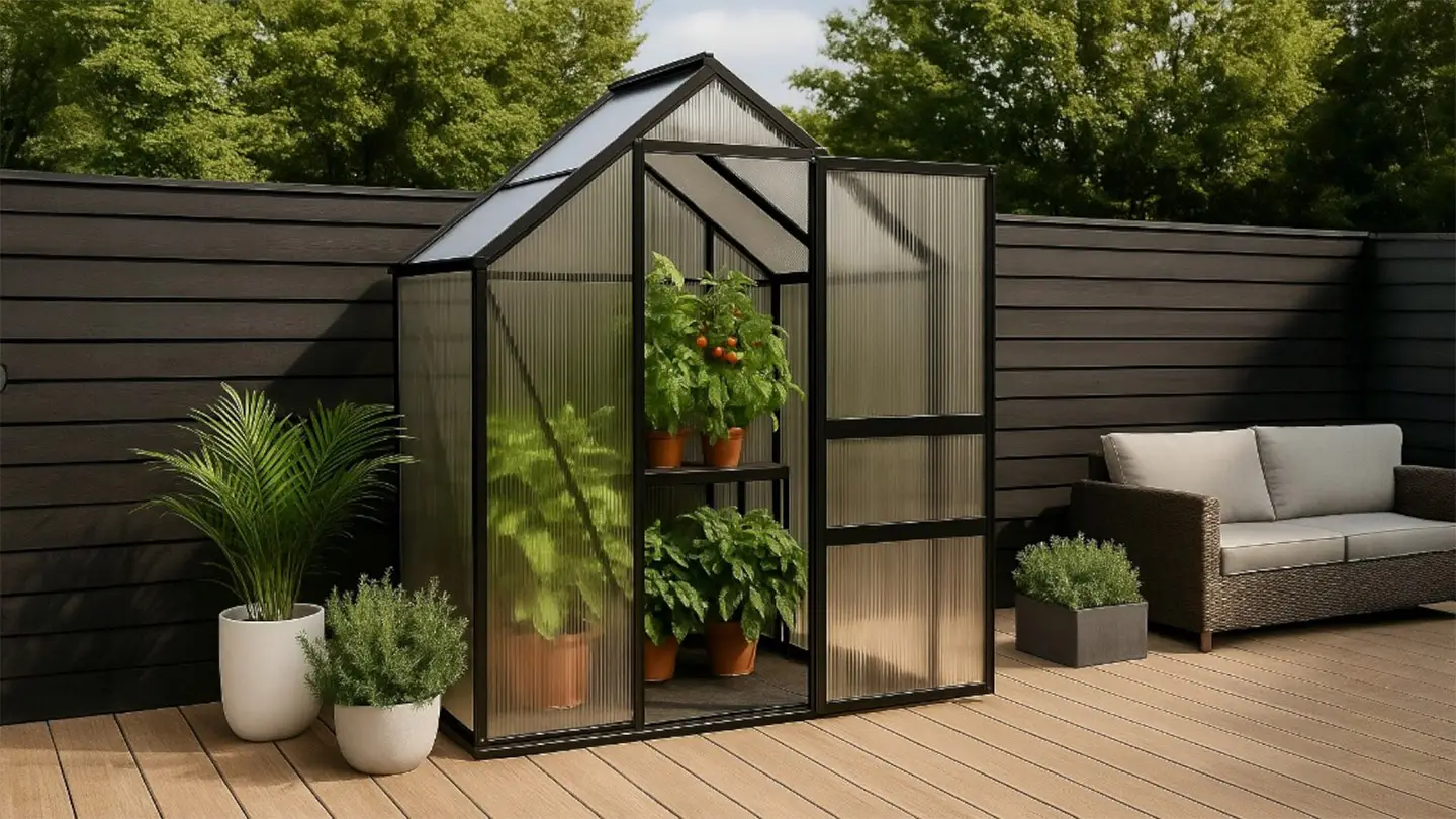 Narrow greenhouse for small gardens