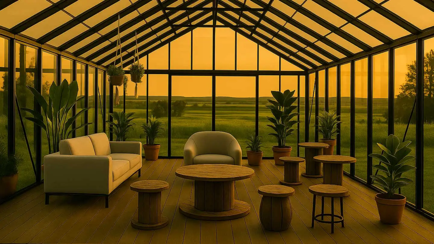 Spacious glass greenhouse with black metal frame, furnished as an orangery with modern seating, round wooden tables, and potted plants, set against a scenic rural landscape at sunset.