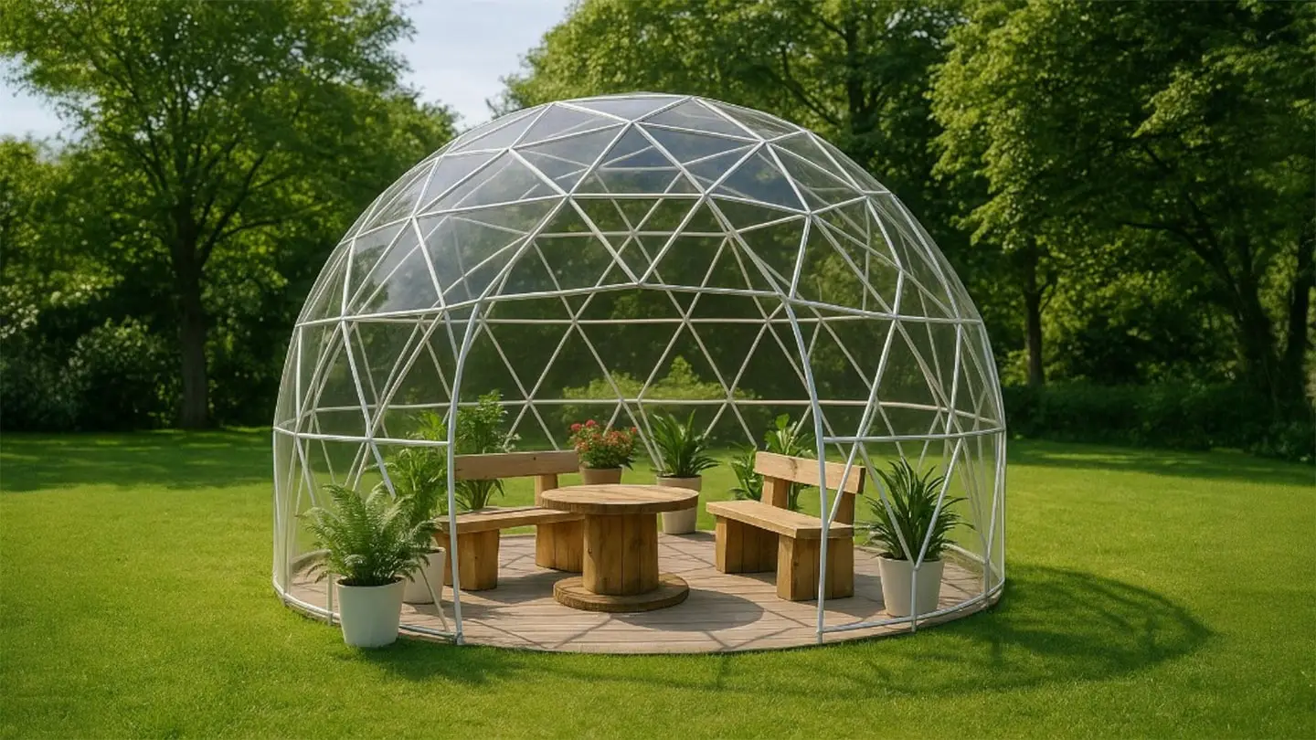 Geodesic dome greenhouse with a transparent frame, set on a green lawn and furnished with rustic wooden benches and a round table, surrounded by potted plants in a lush garden setting.