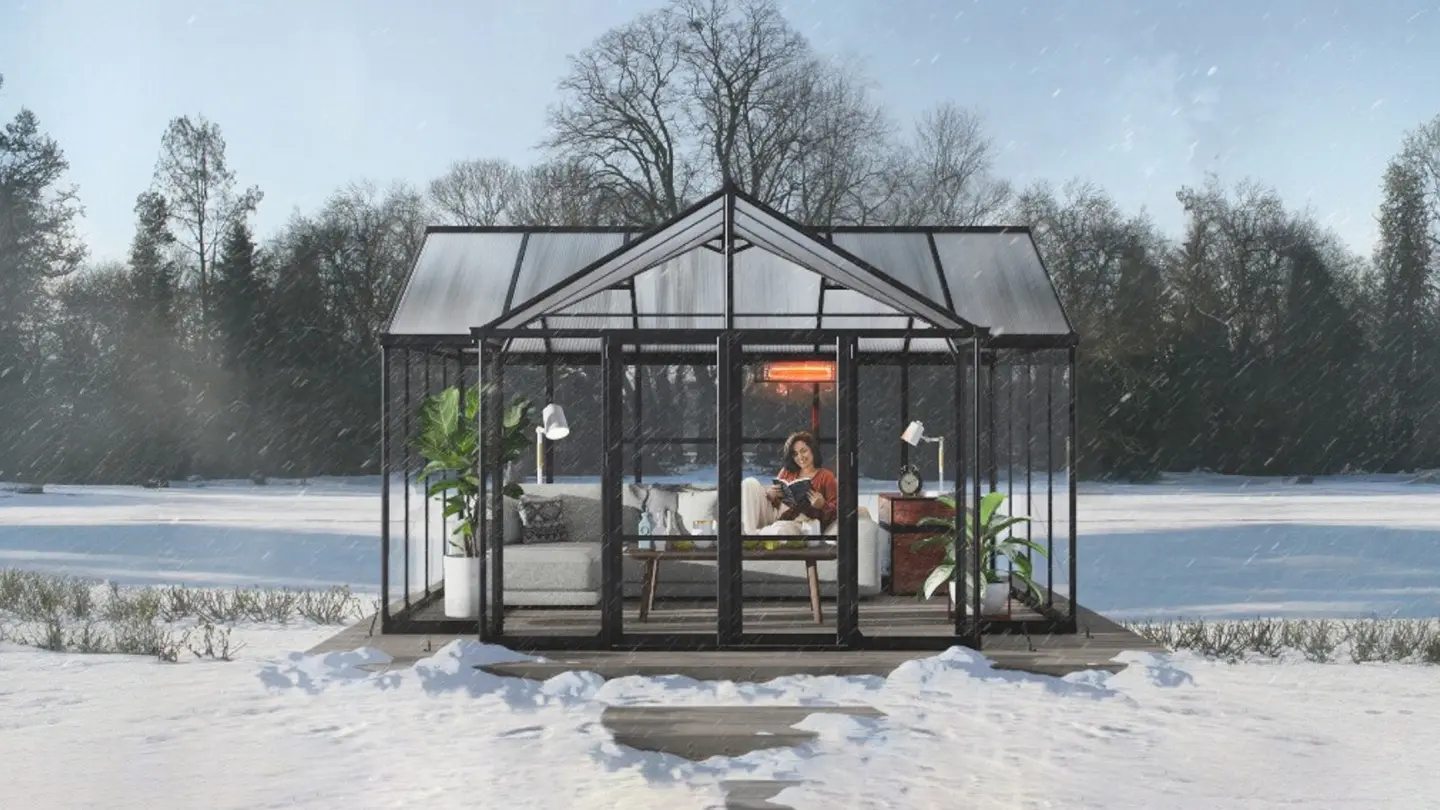 Black aluminium T-shaped Greenhouse in a winter setting with snow