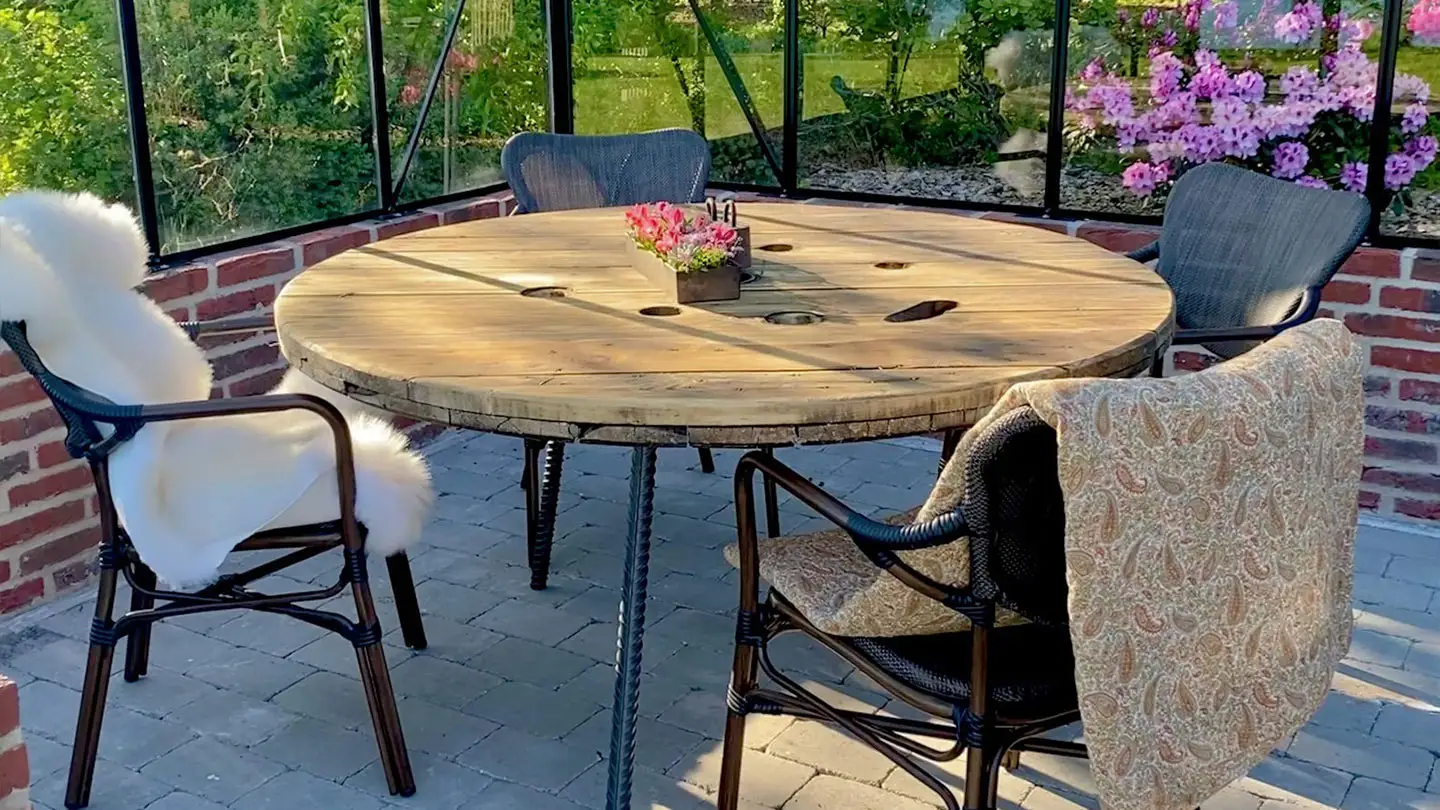 Round wooden table for outdoor and greenhouses