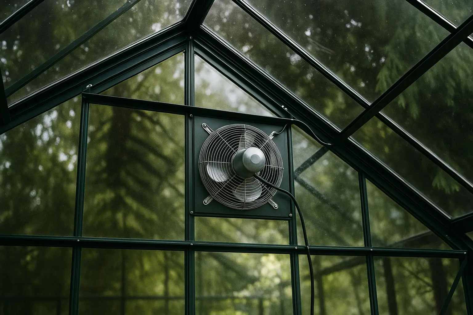 Greenhouse ventilation fan pushing out hot air