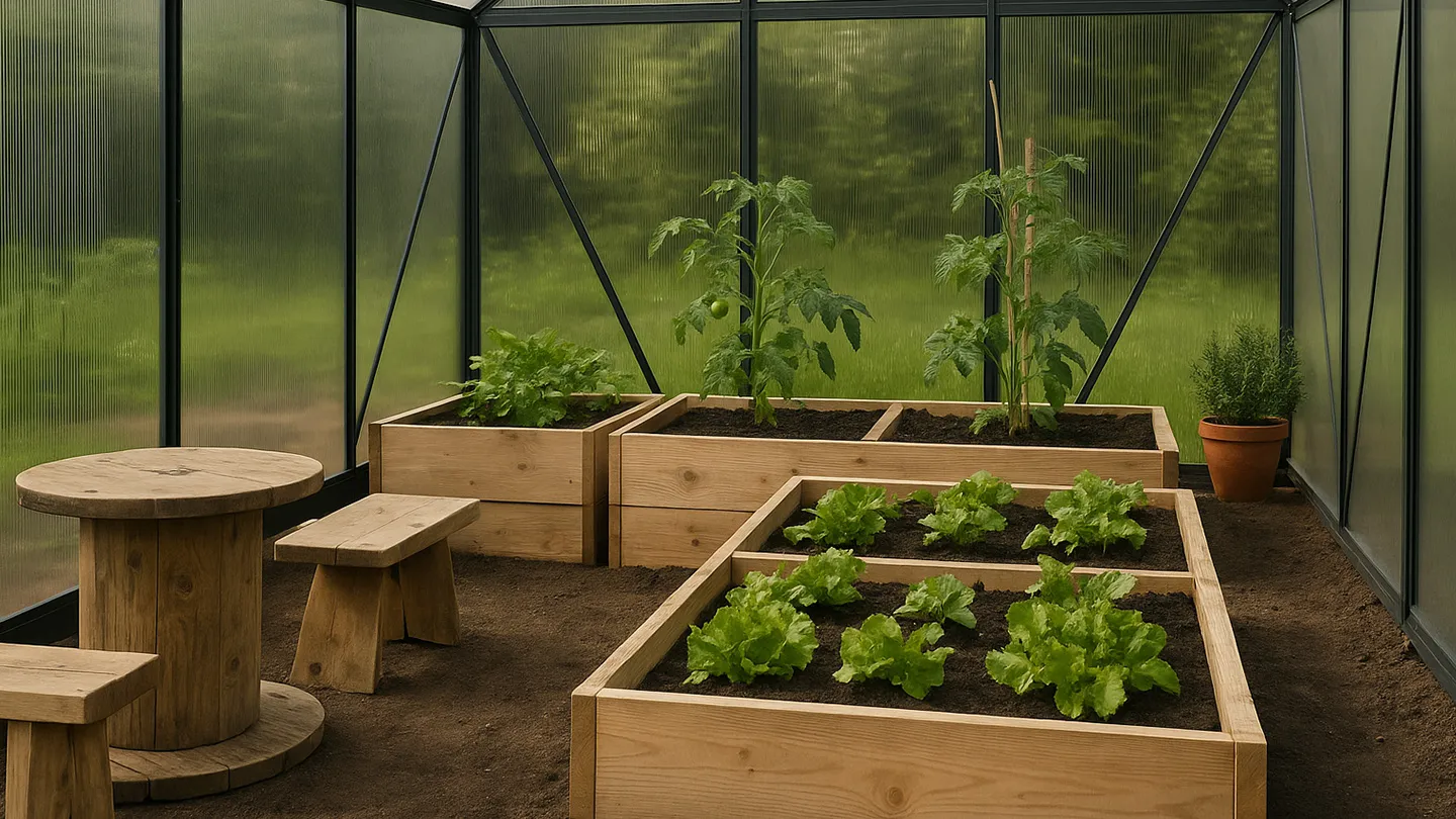 Raised planting beds inside a greenhouse