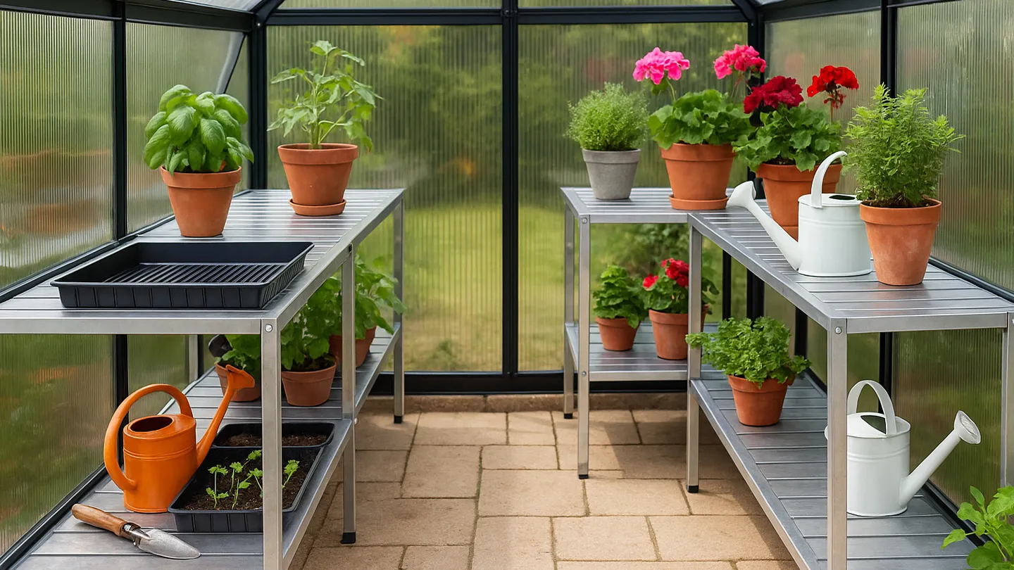 Staging places inside a greenhouse with pots and plants on them