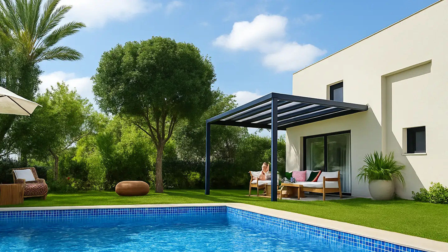 Modern patio cover attached to a white house, overlooking a lush garden and swimming pool, with outdoor seating beneath the canopy and a woman relaxing in the sun